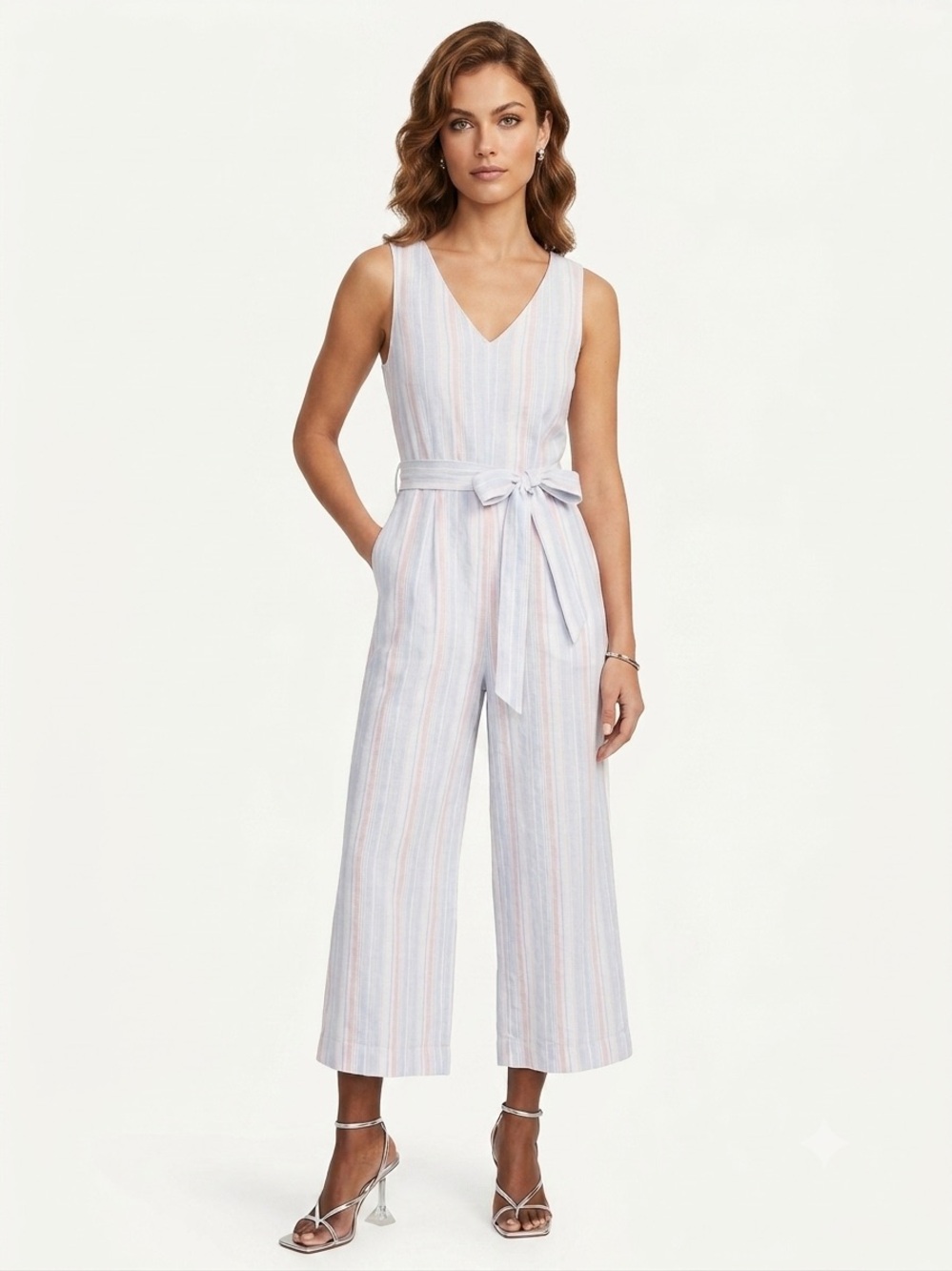 Hope and Henry Woven Sleeveless Tie-Waist Jumpsuit with Wide Leg Linen Blend